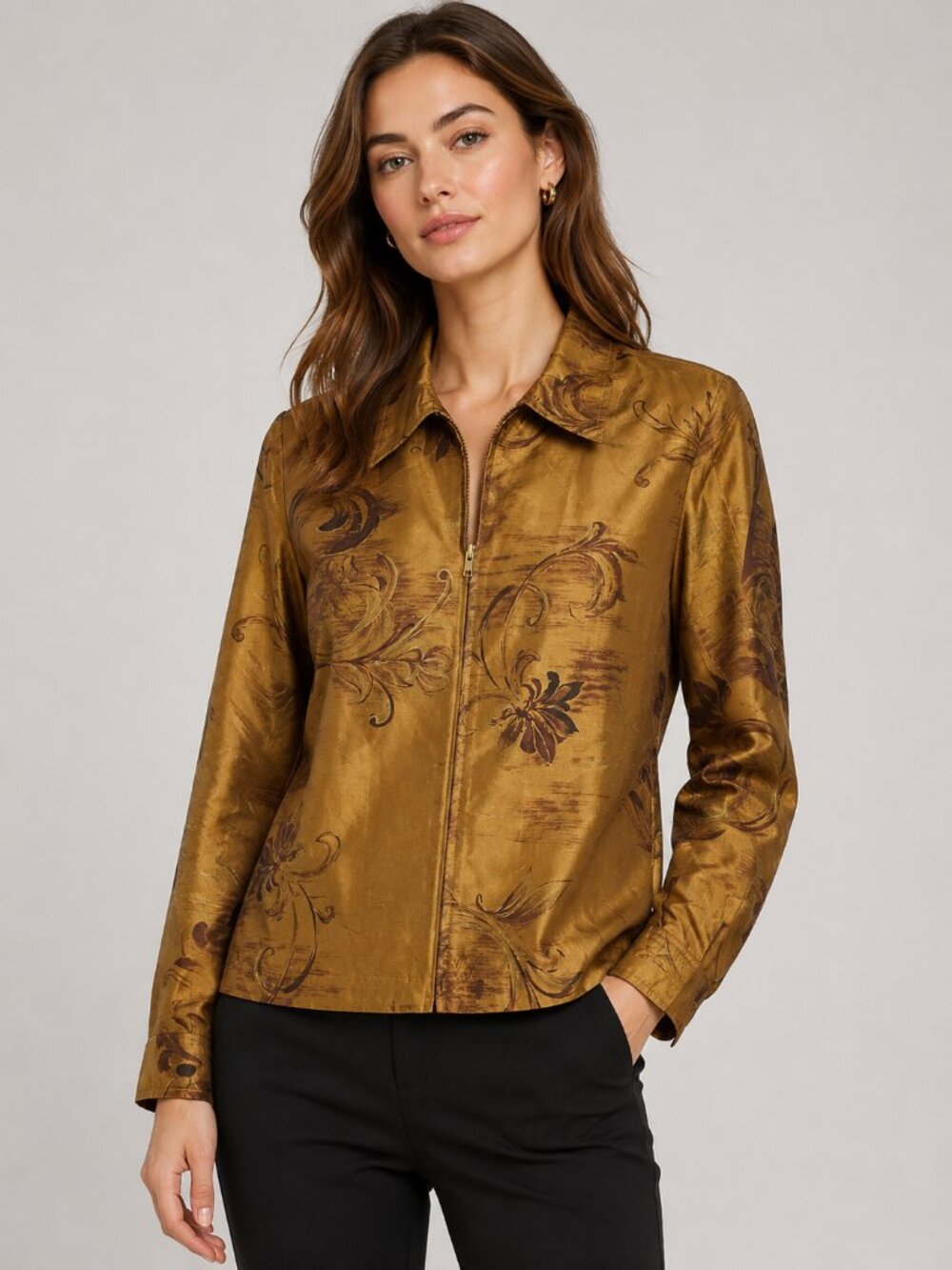 Bozaglo Size S Bronze Brown 100% Silk Floral Scroll Zip Front Lined Jacket